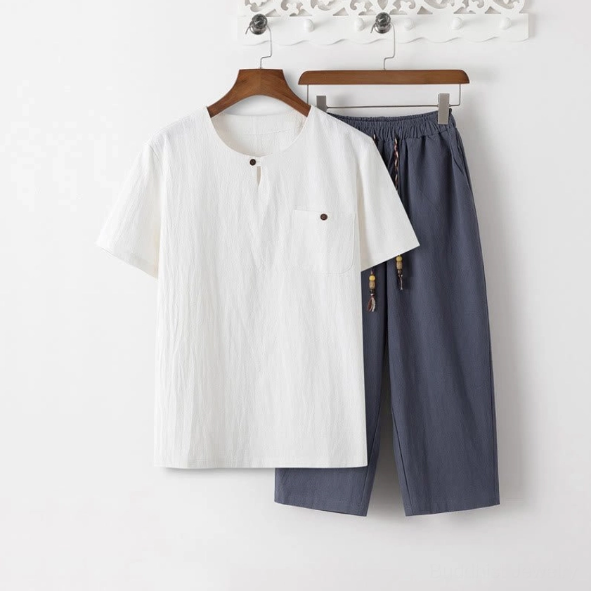 Men's Buddhist meditation cotton linen 2-piece set - white short sleeve shirt and dark gray cropped pants, front flat lay view showing complete outfit with chest pocket details