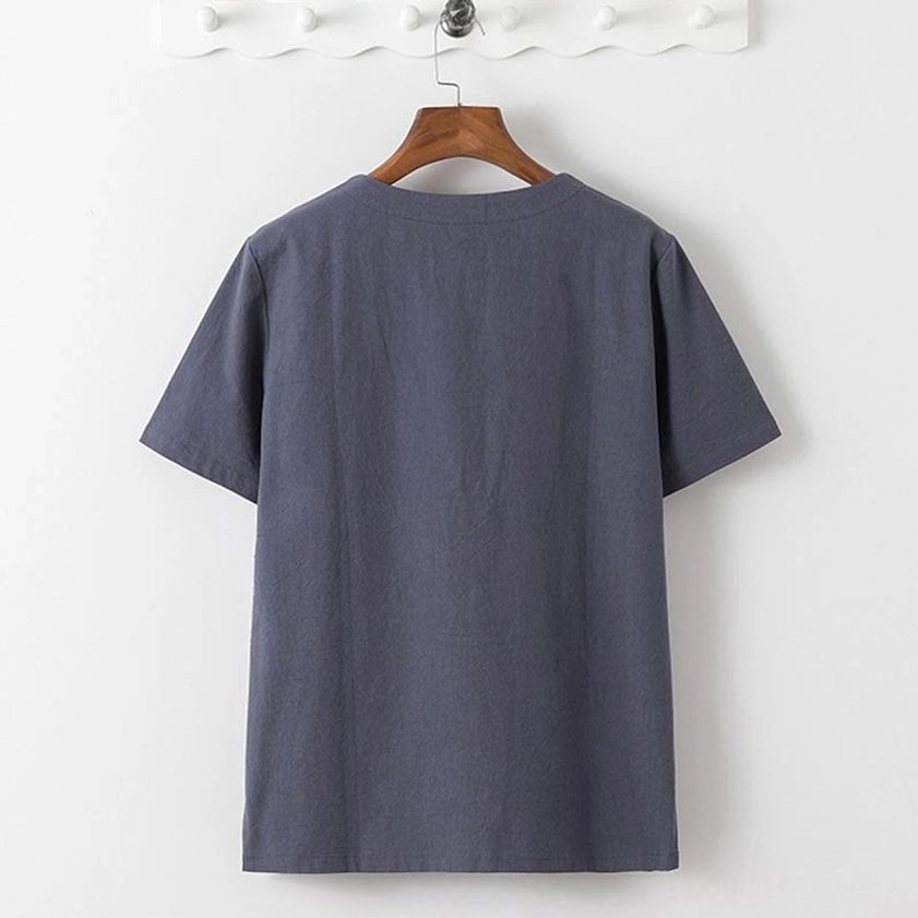 Men's Buddhist meditation shirt back view - dark gray short sleeve cotton linen tee with round neckline and plain minimalist design for yoga and spiritual practice