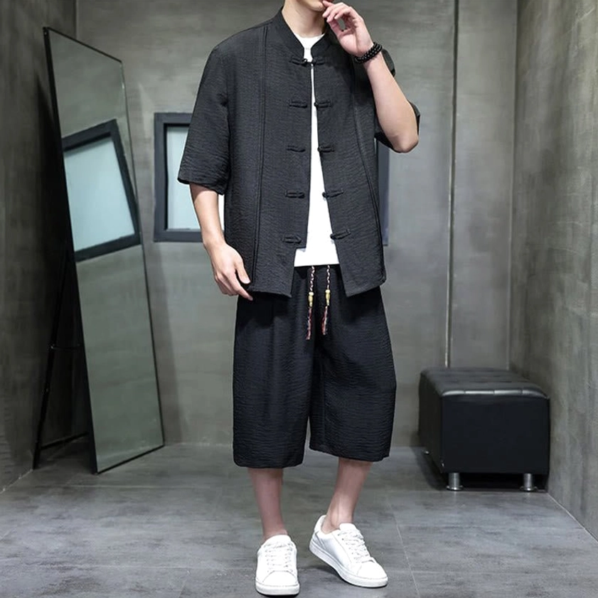 Men's Buddhist meditation suit back seam detail showing quality craftsmanship