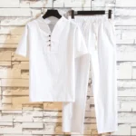Buddhist meditation linen suit men's henley shirt and drawstring pants set front view white