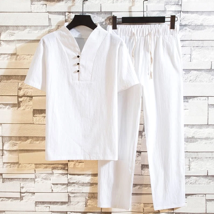 Buddhist meditation linen suit men's henley shirt and drawstring pants set front view white