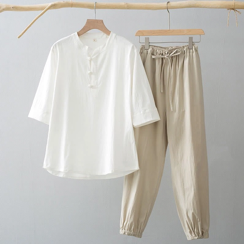 White men's meditation shirt paired with khaki beige pants, three-quarter sleeves with frog buttons, breathable cotton fabric, spiritual practice ensemble