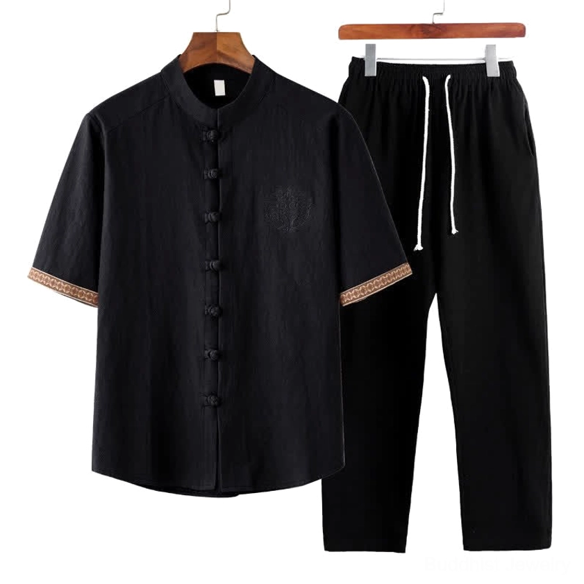 Black men's Buddhist meditation tai chi 2-piece set with mandarin collar, premium comfort fabric