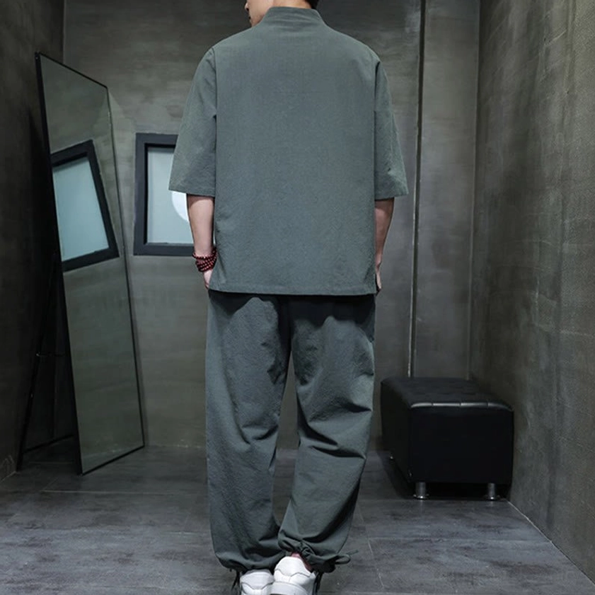 Men's Buddhist meditation cotton linen tang suit set back view, featuring loose tapered ankle pants