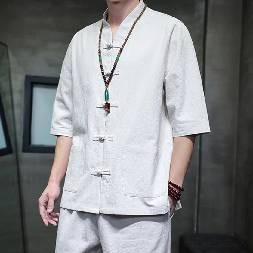 Men's Buddhist meditation cotton linen tang suit set showcasing comfortable fit and natural movement