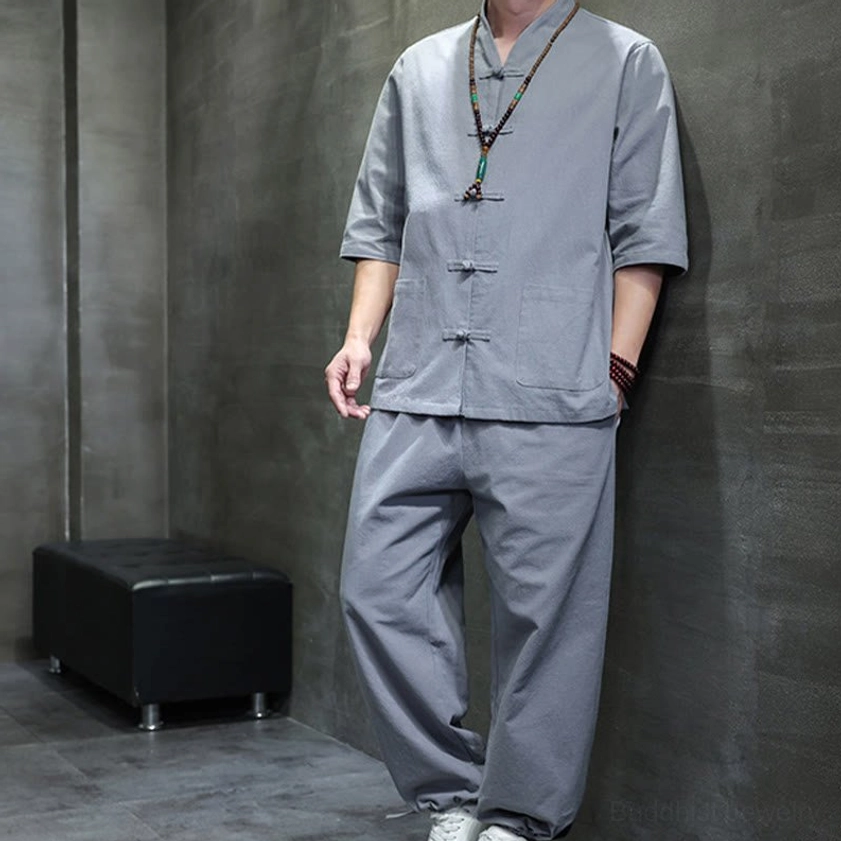 Men's Buddhist meditation cotton linen tang suit set eco-friendly sustainable materials highlight