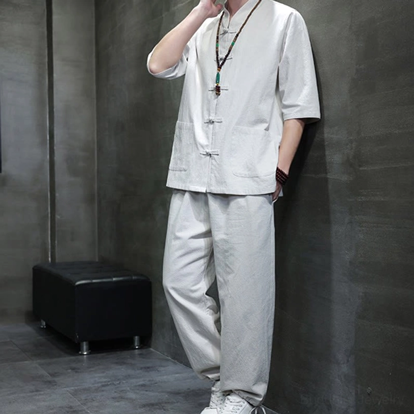 Men's Buddhist meditation cotton linen tang suit set fabric close-up highlighting breathable cotton linen blend