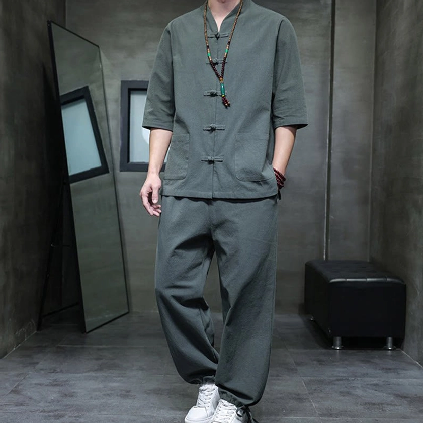 Men's Buddhist meditation cotton linen tang suit set front view showing frog button layout and stand collar design