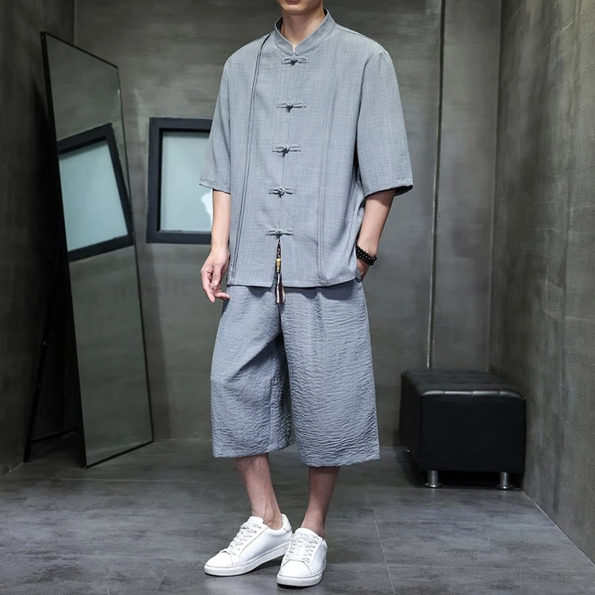 Men's authentic Tang dynasty meditation suit in solid neutral color for mindfulness practice