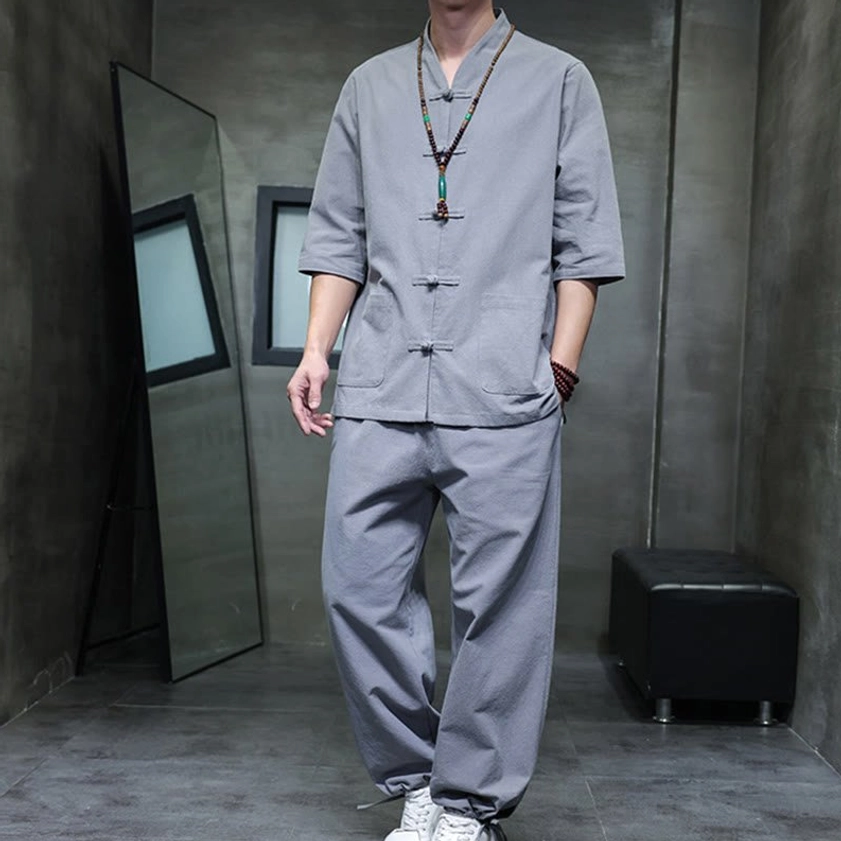 Men's Buddhist meditation cotton linen tang suit set in gray color, complete front and back display