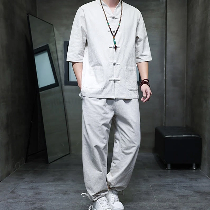 Men's Buddhist meditation cotton linen tang suit set display with multiple color and size variations