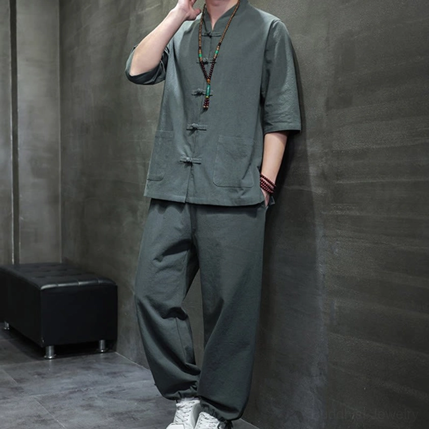 Men's Buddhist meditation cotton linen tang suit set side angle view, showing fabric texture and relaxed fit design