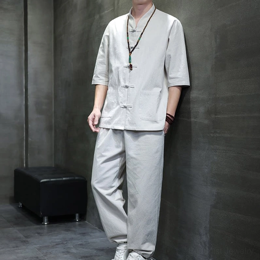 Men's Buddhist meditation cotton linen tang suit set size and color options display