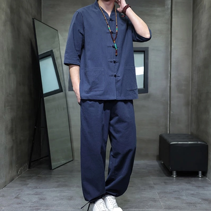 Men's Buddhist meditation cotton linen tang suit set in snow white, back full-body view displaying natural fit