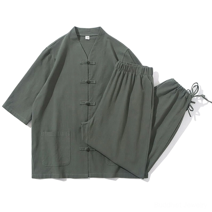 Men's Buddhist meditation cotton linen tang suit set in snow white, three-quarter angle with frog button details