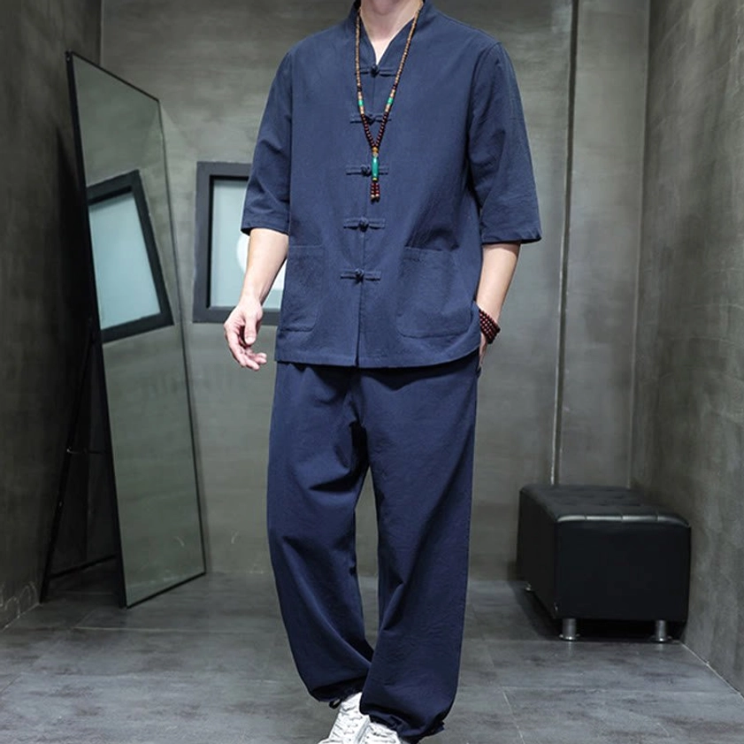 Men's Buddhist meditation cotton linen tang suit set in snow white, full-body front view with natural standing pose