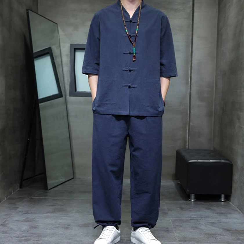 Men's Buddhist meditation cotton linen tang suit set in snow white, full-body front angle with pocket detail