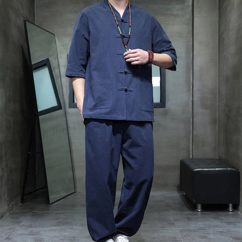 Men's Buddhist meditation cotton linen tang suit set in snow white, side view displaying loose tapered pants design