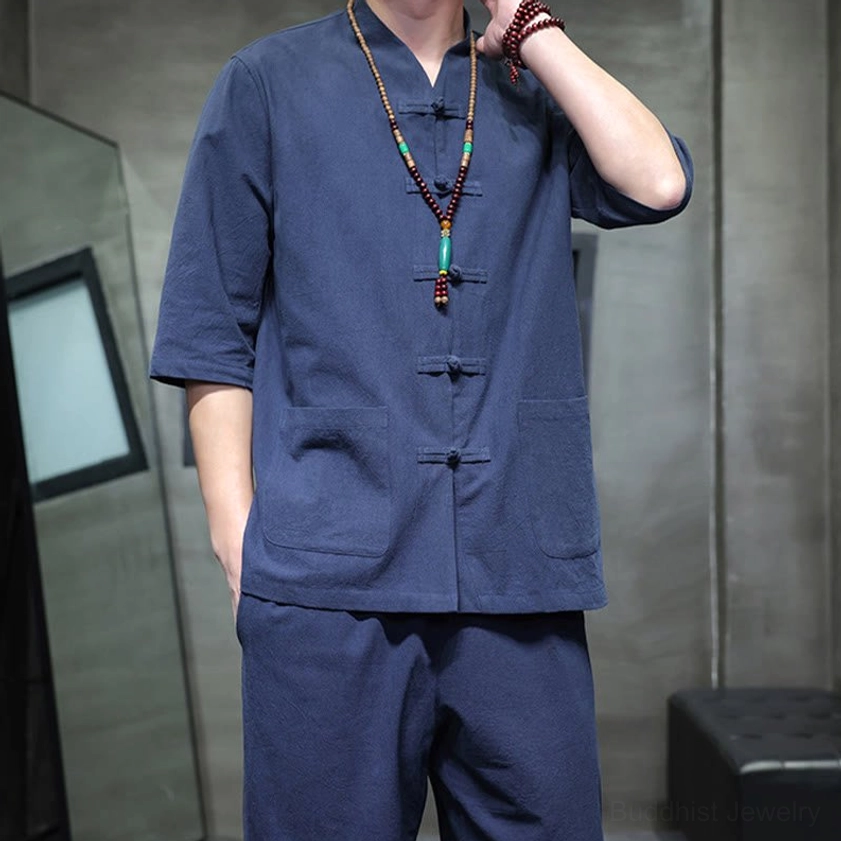 Men's Buddhist meditation cotton linen tang suit set in snow white, three-quarter side view with half-sleeve design
