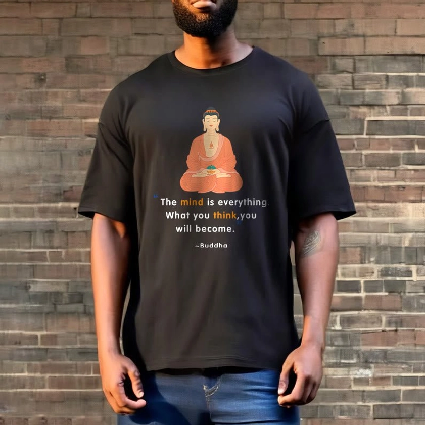 Men wearing black Buddhist philosophy t-shirt brick wall background