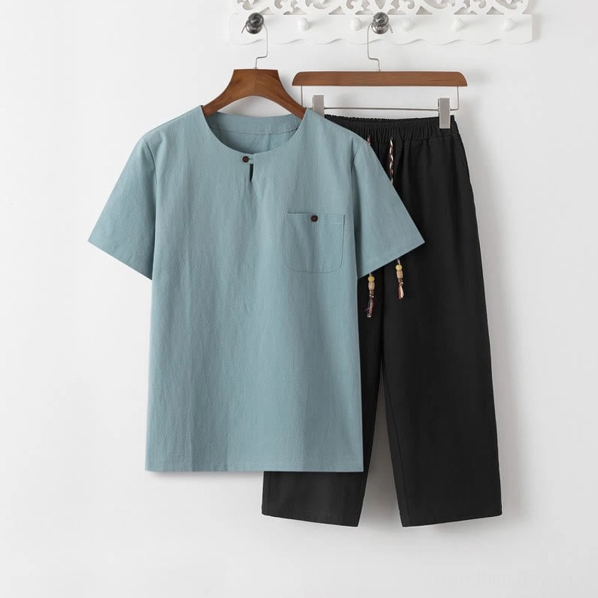 Buddhist men's meditation outfit pale turquoise cotton linen shirt paired with black cropped pants - complete 2-piece set for mindfulness practice and conscious wear