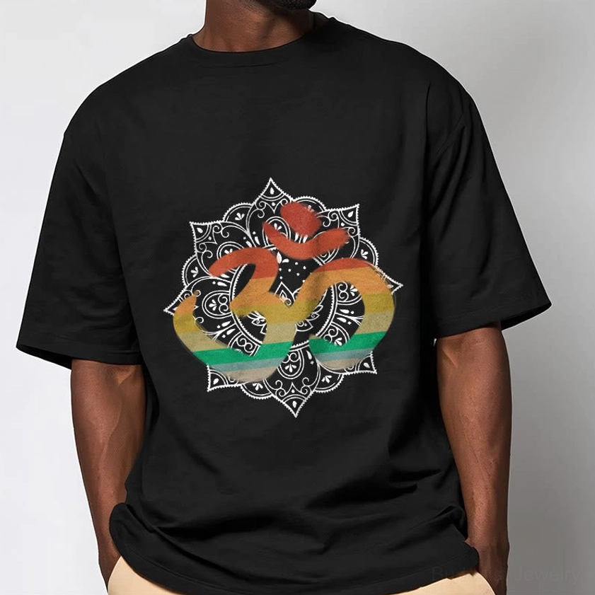 Men wearing black Buddhist Om mandala t-shirt with detailed gradient spiritual print