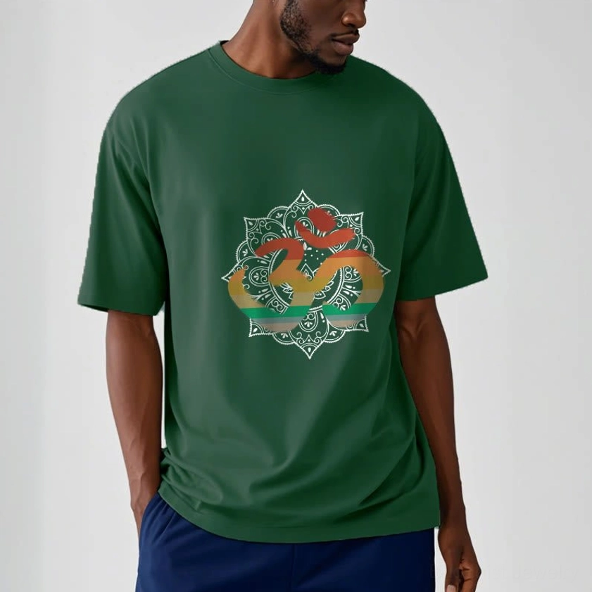 Men wearing dark green Buddhist Om mandala t-shirt with gradient spiritual print design