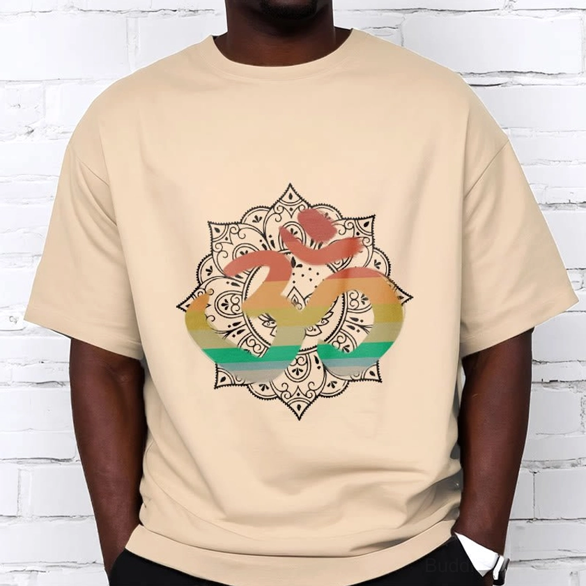 Men wearing light cyan Buddhist Om mandala t-shirt with spiritual meditation print
