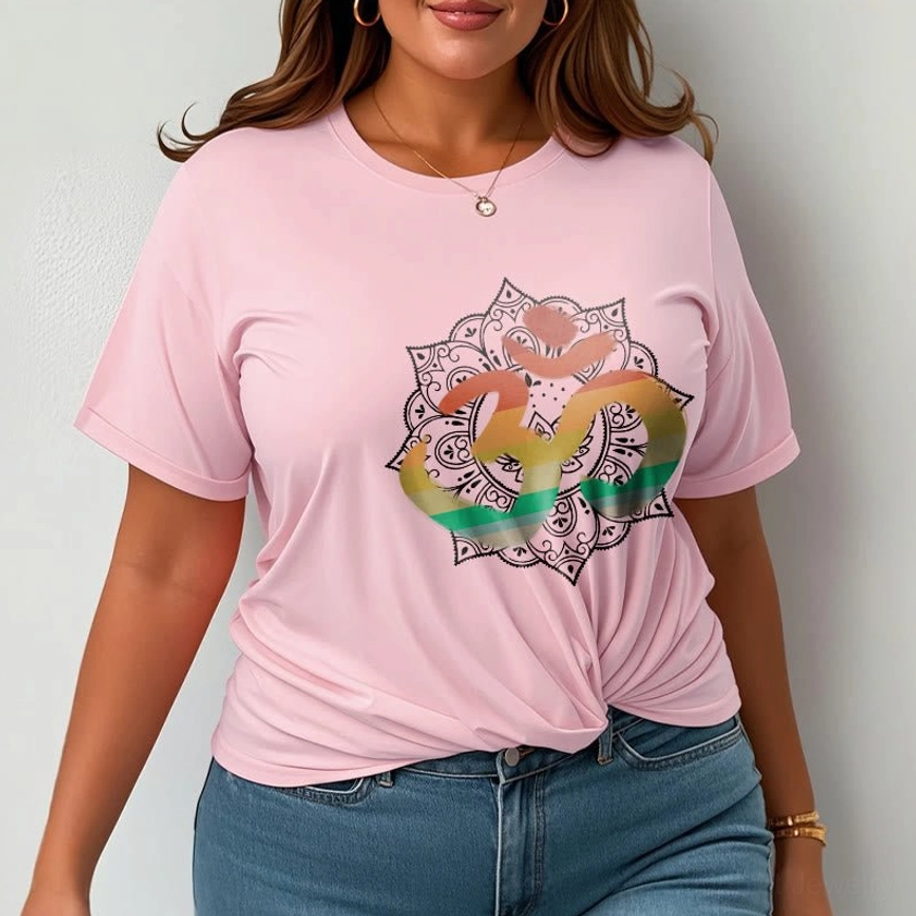 Men wearing light grey Buddhist Om mandala t-shirt with gradient print in casual setting