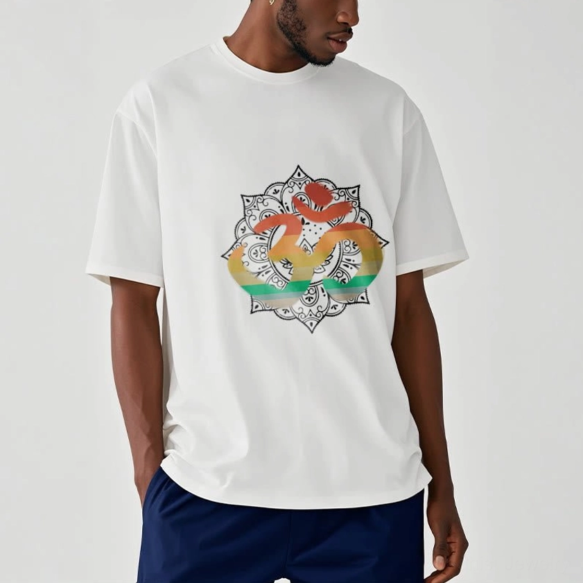 Men wearing white Buddhist Om mandala t-shirt with gradient meditation print