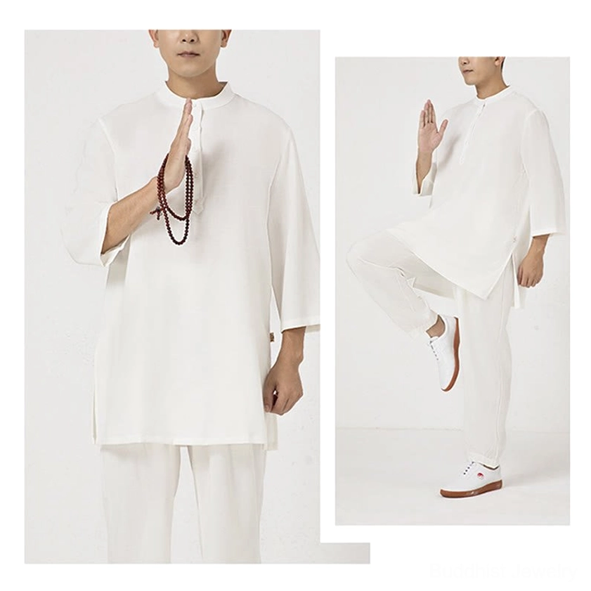 Men's Buddhist tai chi suit multi-pose display, three-quarter sleeve design, white cotton linen meditation uniform