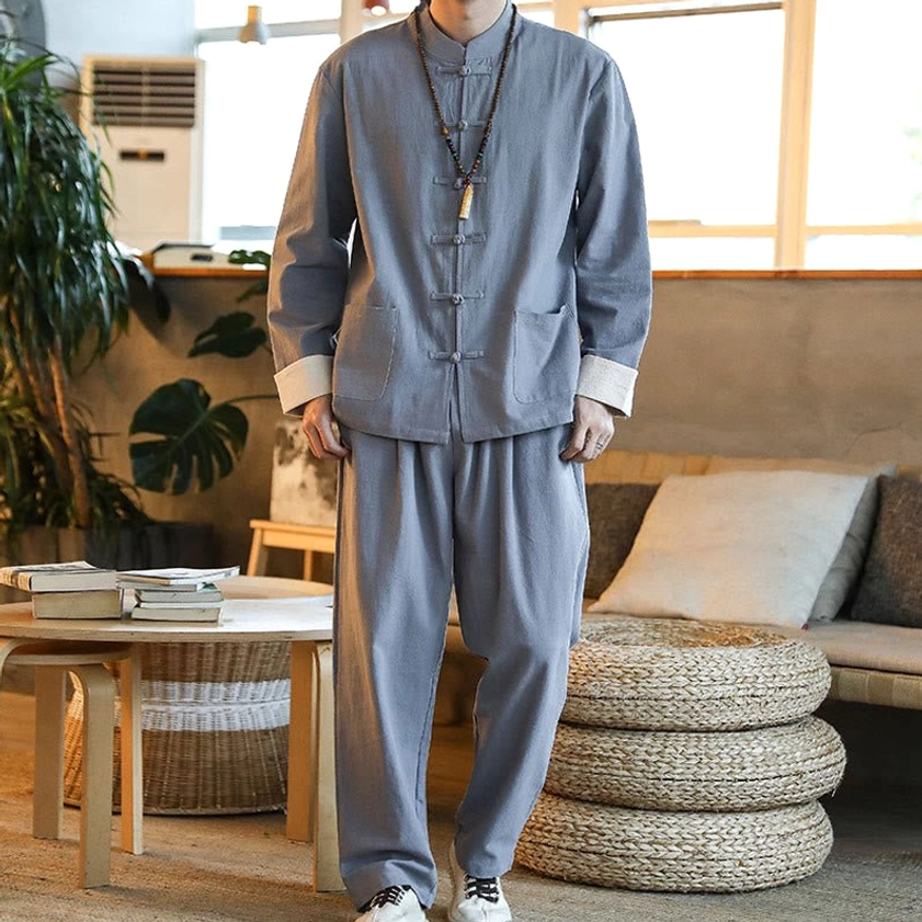 Men's Buddhist Tang suit with traditional frog button front closure and stand collar, full front view