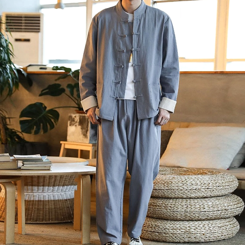 Men's Buddhist Tang suit featuring traditional frog button stand collar and linen-textured fabric