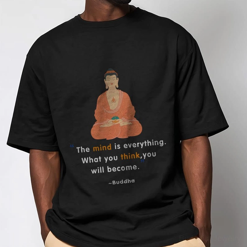 Men's black Buddhist meditation t-shirt casual front model wear