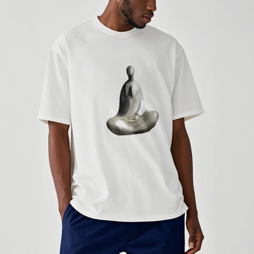 Men wearing white formless Buddha t-shirt with casual styling paired with navy pants