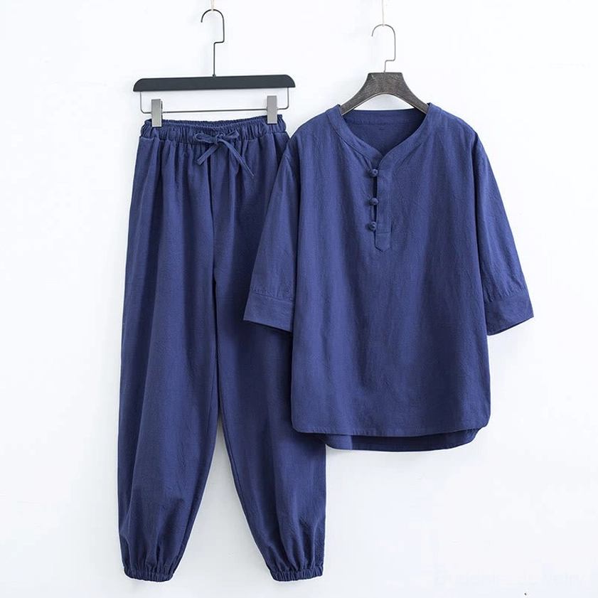 Men's linen meditation set showcasing breathable fabric and traditional East Asian workmanship