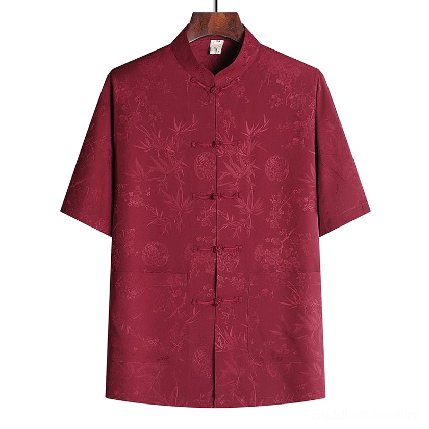 Burgundy jacquard bamboo pattern men's tang suit short sleeve top with traditional stand collar