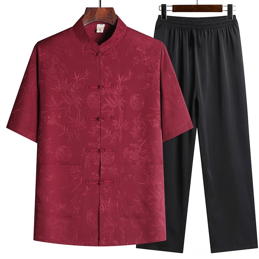 Men's burgundy bamboo pattern traditional tang suit short sleeve jacket with stand collar and black trousers