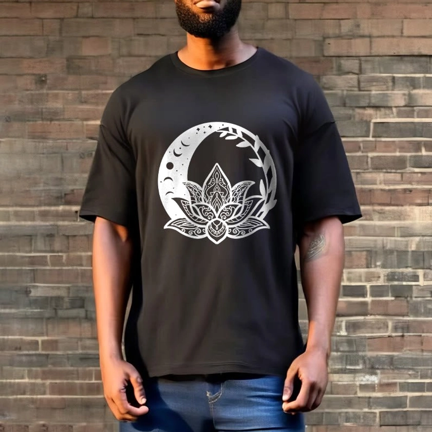 Men casual black Buddhist graphic tee intricate white lotus vine print brick wall background