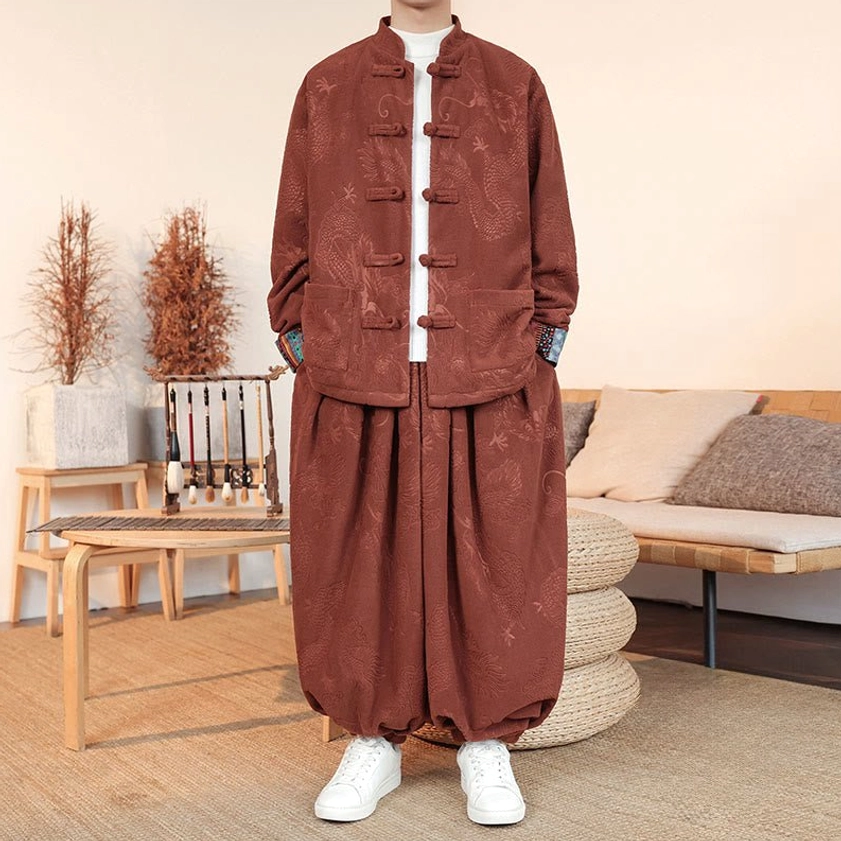 Men's chocolate brown Tang suit two-piece set, front full-body view with traditional mandarin collar