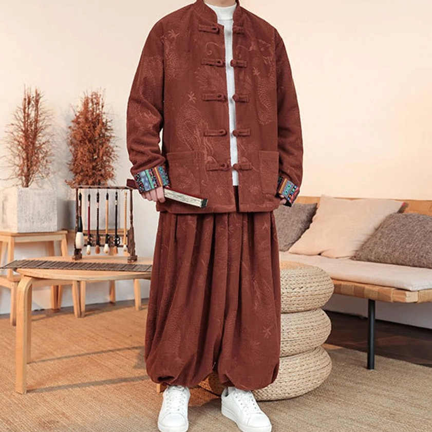 Chocolate Tang suit for men, full-body front view with elegant stand collar and ankle-length pants