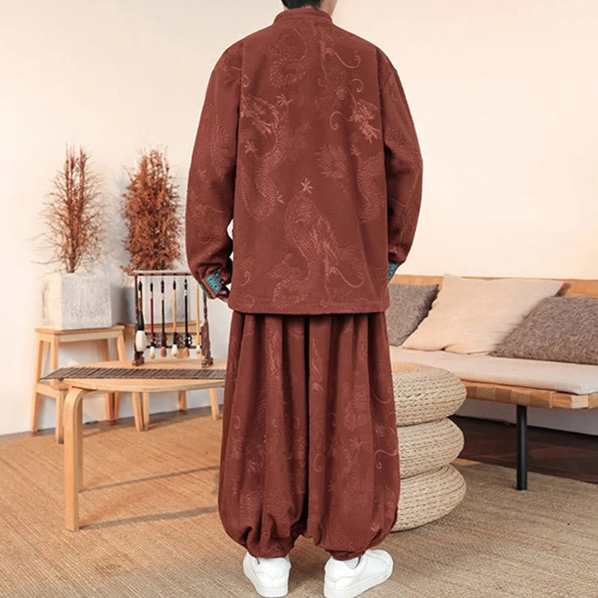 Men's chocolate Tang suit two-piece, showcasing elastic waistband and cropped ankle-length pants design