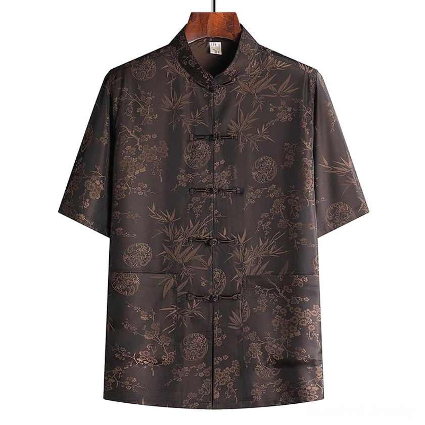Dark brown bamboo and peach blossom jacquard men's tang suit with traditional frog fastenings