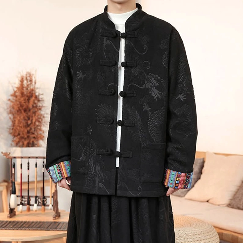 Detail shot of black dragon pattern Tang suit, showcasing traditional craftsmanship and textile quality