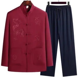 Men's dragon embroidered Tang suit set - front view with maroon top featuring Chinese dragon embroidery and traditional frog buttons, paired with navy blue straight pants