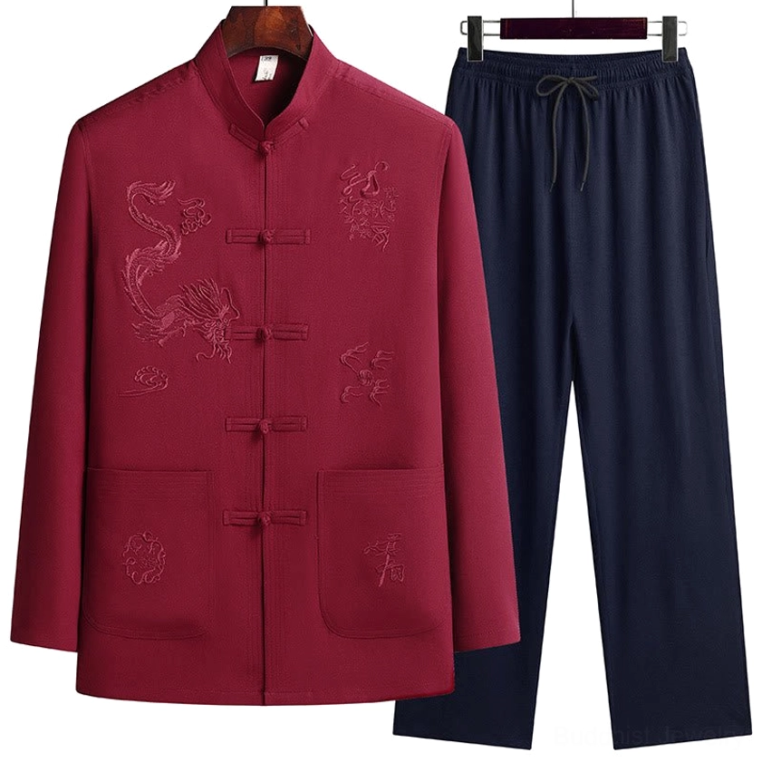 Men's dragon embroidered Tang suit set - front view with maroon top featuring Chinese dragon embroidery and traditional frog buttons, paired with navy blue straight pants