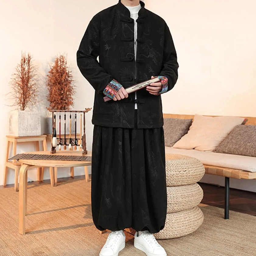 Black dragon Tang suit set with man holding scroll, ethnic embroidered cuffs, traditional Chinese style