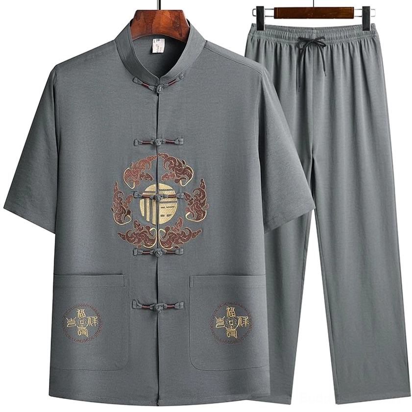 Men's Fu Character Tang Suit set with frog buttons hanging on wooden display - front view showing embroidered chest