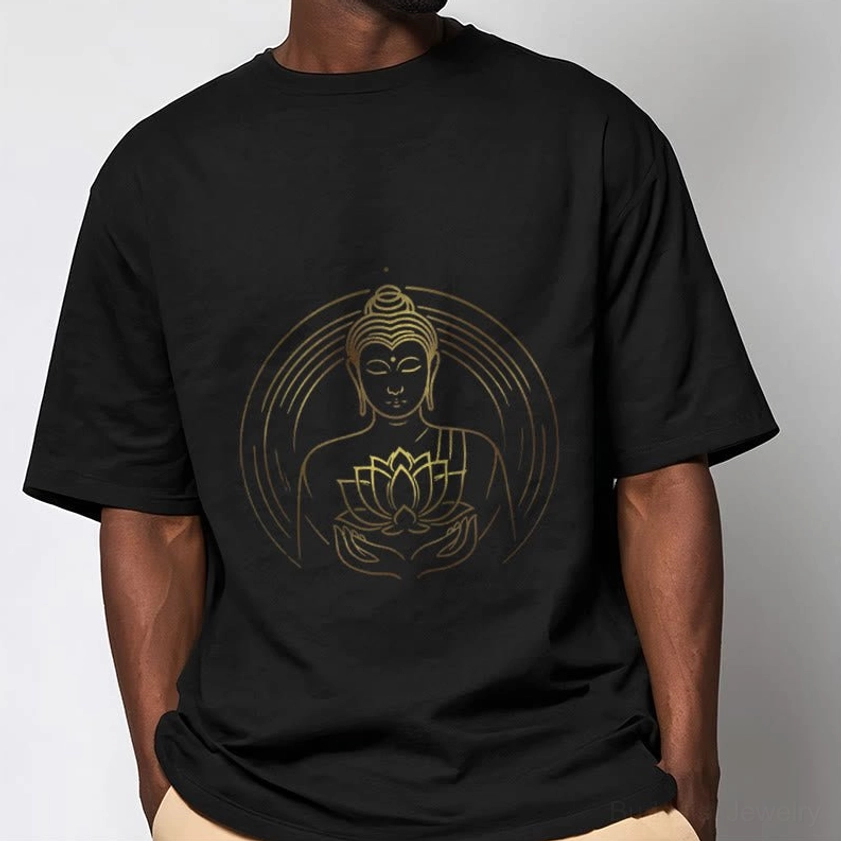 Men wearing black golden Buddha lotus graphic t-shirt relaxed fit casual indoor setting