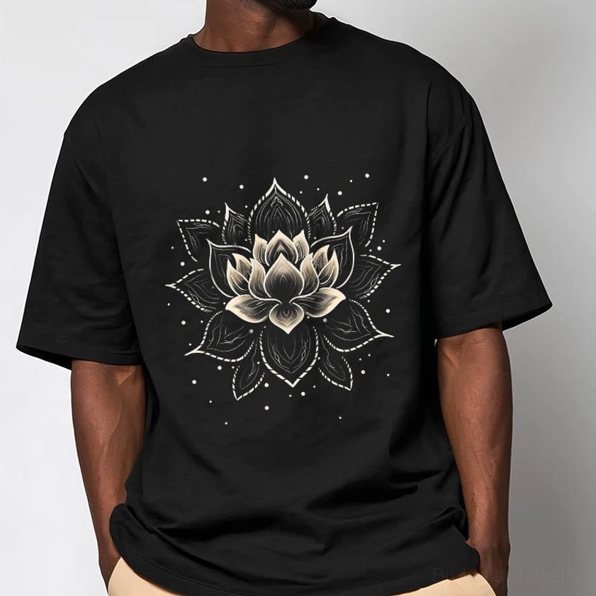 Men's golden lotus Buddhist graphic tee, relaxed fit crew neck worn on male model indoors